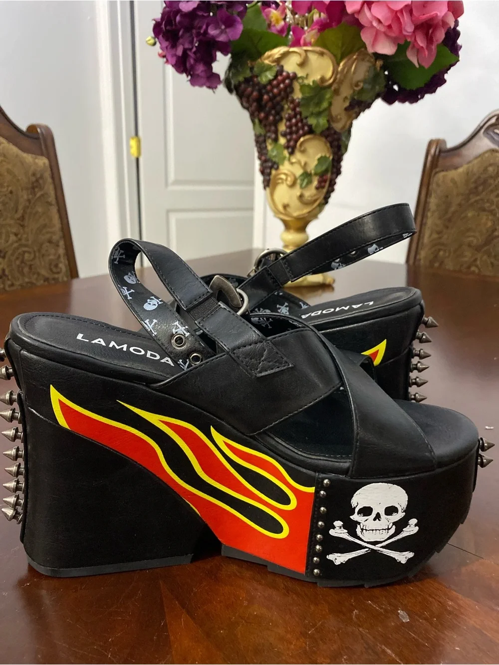 Lamo Black Platform Sandals with Red & Yellow Flame and Skull Detail